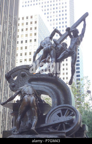 English: Mechanics Monument by Douglas Tilden (1860-1935), located at the intersection of Market, Bush and Battery Streets in San Francisco, California, United States. Dedicated on May 15, 1901. It was was originally to be called the Donahue Memorial Fountain, as it was funded by businessman James Mervyn Donahue. This artwork is in the  because the artist died more than 70 years ago. 28 June 2014, 13:09:06 265 Mechanics Monument by Douglas Tilden - San Francisco, CA - DSC03556 Stock Photo