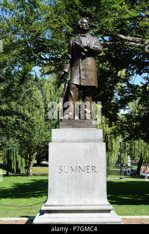 English: Charles Sumner statue by Thomas Ball, in Boston Public Garden, Boston, Massachusetts, USA. This artwork is in the  because the sculptor died more than 70 years ago. 30 August 2014, 11:01:22 89 Charles Sumner statue in Boston Public Garden - DSC08113 Stock Photo