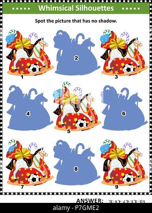 Christmas or New Year themed visual puzzle: Match the pictures of Santa's sack full of gifts and toys to their shadows. Answer included. Stock Vector