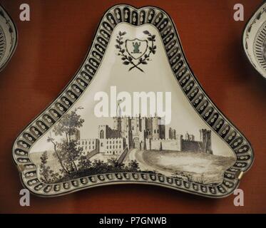 Triangular dish decorated with a view of Alnwick Castle in Northumberland, 1773-1774. The Frog Service. Great Britain. The State Hermitage Museum. Saint Petersburg. Russia. Stock Photo