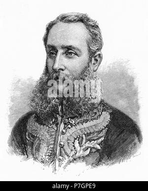 Engraving of Sir Frederick Aloysius Weld GCMG (1823 – 1891), New Zealand Premier and later governor of Western Australia, Tasmania, and the Straits Settlements consisting of Malacca, Penang, and Singapore. From the Picturesque Atlas of Australasia Vol 2, 1886 Stock Photo