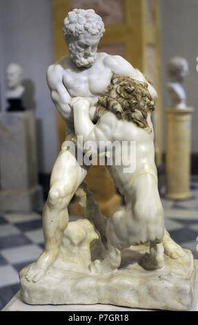 Twelve Labors of Hercules. First labor: kill the Nemean lion and take their skin.  Statue. Marble. Fragment of the relief from a Roman sarcophagus of the 2nd-3rd c. (?). Additions and restoration are Italian work of the 17th century.The State Hermitage Museum. Saint Petersburg. Russia. Stock Photo