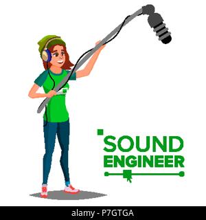 Sound Engineer Man Vector. Professional Videography Studio. Journalist With Microphone. Isolated Cartoon Illustration Stock Vector