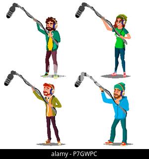 Sound Engineer Set Vector. Man, Woman. Journalist With Microphone. News, Film. Cinematography. Journalism Television. Audio Recording Process. Professional Videography Studio. Cartoon Illustration Stock Vector