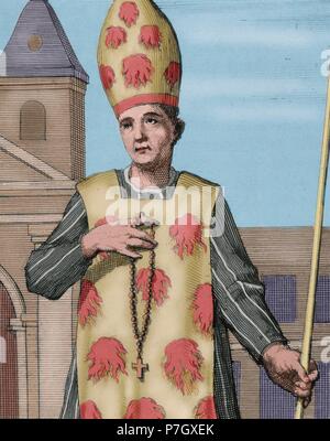 Convicted heretic before the Inquisition wearing a Fuego Revolto. Engraving. 1692. Colored. Stock Photo