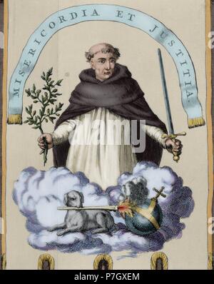 Banner of the Inquisition in Goa. Engraving, 1692. Colored. Stock Photo