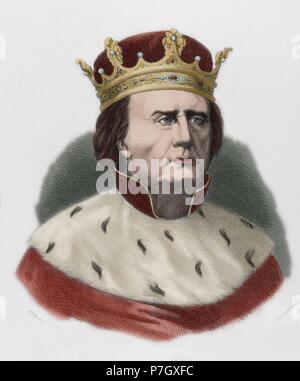 Peter IV (1319-1387), the Ceremonious. King of Aragon, Valencia, Majorca and Count of Barcelona. Engraving in Spain Illustrated History, 19th century. Colored. Stock Photo