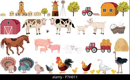 Farm big set collection Vector. Village, animals, tractors tools Stock Vector