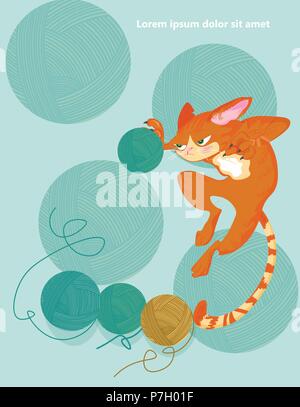 Cat and knitting ball Vector. Cartoon character funny illustration Stock Vector