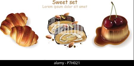 Sweet croissants, pistachio rolls and panna cotta desserts Vector. Realistic 3d illustration Stock Vector