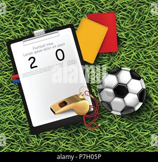 Scoreboard, soccer ball and whistle on green grass Vector illustration Stock Vector