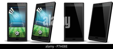 Smartphone with football score on screen Vector realistic. Sports betting online web banner template Stock Vector