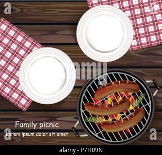 Picnic bbq Vector realistic. Top view plates wooden table and sausages on the grill Stock Vector