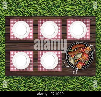 Picnic bbq Vector realistic. Top view plates on wooden table and sausages on the grill Stock Vector