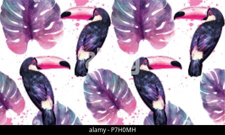 Tropical paradise with watercolor parrots and palm leaves background Vector. ultra violet trendy color Stock Vector