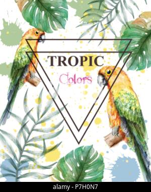 Tropical paradise with watercolor parrots and palm leaves card background Vector illustration Stock Vector