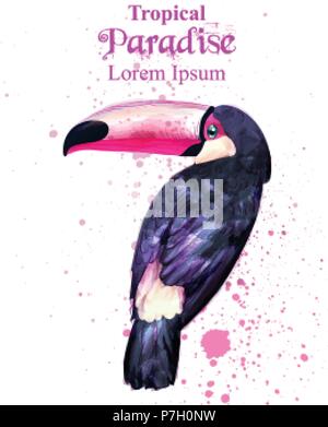 Tropical paradise parrot bird watercolor Vector. Paint splash background Stock Vector