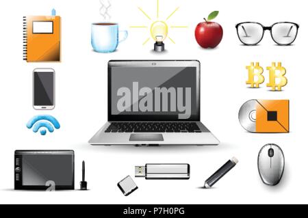 Work space Vector. Computer, usb, notebook, glasses, office tools elements Icons template illustration Stock Vector