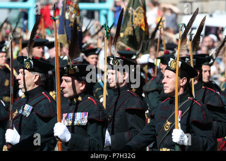 The Royal Company of Archers, a ceremonial unit that serves as the Sovereign's Bodyguard in Scotland take their posistion at the Order of the Thistle Service at St Giles' Cathedral in Edinburgh. Stock Photo