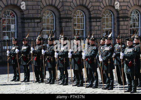 The Royal Company of Archers, a ceremonial unit that serves as the Sovereign's Bodyguard in Scotland take their posistion at the Order of the Thistle Service at St Giles' Cathedral in Edinburgh. Stock Photo