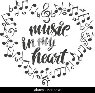 musical notes in the form of a heart icon, love music, calligraphy text hand drawn vector illustration sketch Stock Vector