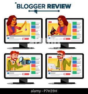 Blogger Review Concept Vector. Video Blog Channel. Man, Woman Popular Video Streamer Blogger. Recording. Online Live Broadcast. Testing Functional. Fashion. Cartoon Illustration Stock Vector