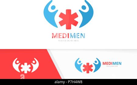 Vector ambulance and people logo combination. Medic and family symbol or icon. Unique emergency and team logotype design template. Stock Vector
