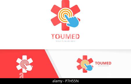 Vector ambulance and click logo combination. Medic and cursor symbol or icon. Unique emergency and digital logotype design template. Stock Vector