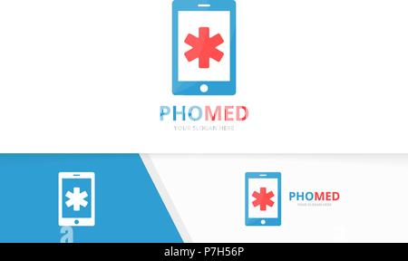 Vector ambulance and phone logo combination. Medic and mobile symbol or icon. Unique emergency and device logotype design template. Stock Vector