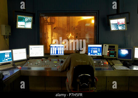 Control room In the stainless steel plant of Thyssen Krupp Nirosta in Bochum, a steel stove monitors the tapping of stainless steel production at the  Stock Photo