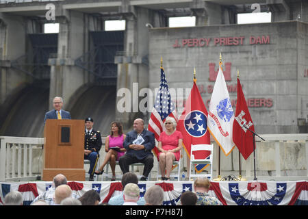 J. Percy Priest Dam and Reservoir is a U.S. Army Corps of Engineers project on the Stones River in Nashville, Tennessee, completed in 1967 for flood control, hydropower, and recreation. The archival image records remarks delivered during the 50th anniversary ceremony at the dam site on June 29, 2018, recognizing its regional impact. Stock Photo