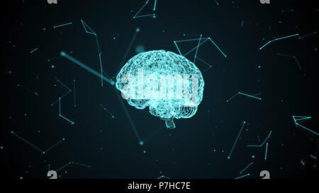 Human brain inside a digital cyberspace. Neural cells formed by particles. Blue abstract futuristic science and technology motion background. 3D rende Stock Photo