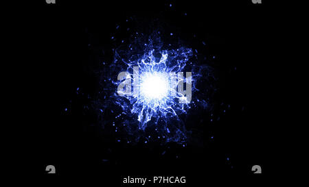 Particle magic explosion. Abstract neon futuristic glowing wave that sparkles and twirl. Shining design element isolated on black background for VFX Stock Photo