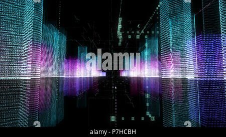 Abstract digital hologram 3D illustration of city with futuristic matrix. Digital buildings with a binary code particles network. Technology concept Stock Photo
