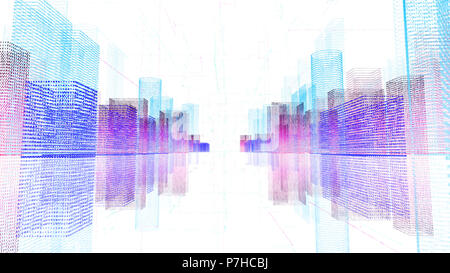 Abstract digital hologram 3D illustration of city with futuristic matrix. Digital buildings with a binary code particles network. Technology concept Stock Photo