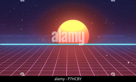 Retro futuristic 80s VHS tape video game intro landscape. Flight over the neon grid with sunrise and stars. Arcade vintage stylized sci-fi VJ motion 3 Stock Photo