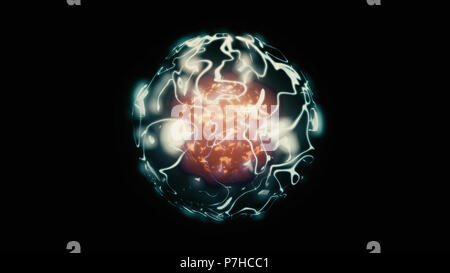 3d animation of abstract isolated orange and blue magical orb. Burning sphere with plasma ring on black background. Magic and power concept object. Sh Stock Photo