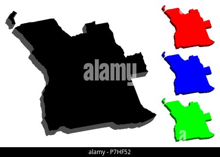 3D map of Angola (Republic of Angola) - black, red, blue and green - vector illustration Stock Vector
