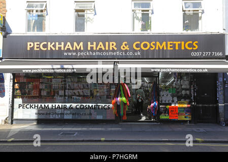 One of the many beauty shops on Rye Lane in diverse Peckham in south London, England, UK Stock Photo