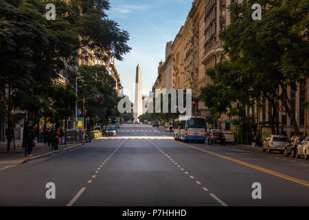 Corrientes Avenue with Obelisk on background - Buenos Aires, Argentina Stock Photo