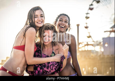 Group of friends making big party and games on the beach Stock Photo