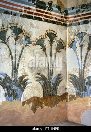 Papyrus Fresco, ca. 1550 BC. Minoan. Bronze Age. From Akrotiri, Island of Thera (Santorini). Three stemmed, blossoming plants are painted on the walls. Room of the Ladies. Museum of Prehistoric Thera. Santorini, Greece. Stock Photo