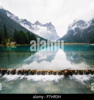 View of Dobbiaco lake or Toblacher See in Dolomites, Northern Italy Stock Photo