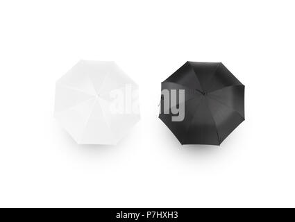 Black and white umbrella mockups, isolated, top view, clipping path. Parasol surface design mock up set. Plain bumbershot shape template. Clear opened Stock Photo