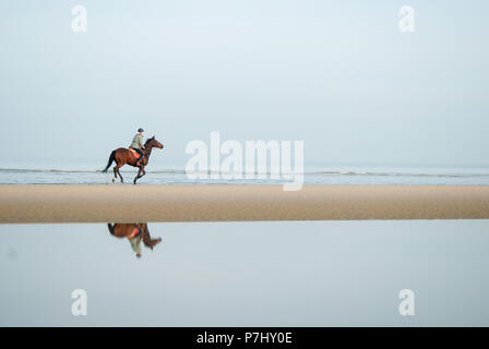 person relaxed horse riding on the beach near the coastline with is reflection in the water Stock Photo