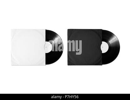 Blank white and black vinyl album cover sleeve mockup, isolated, clipping path. Gramophone music record clear surface mock up. Paper sound shellac dis Stock Photo