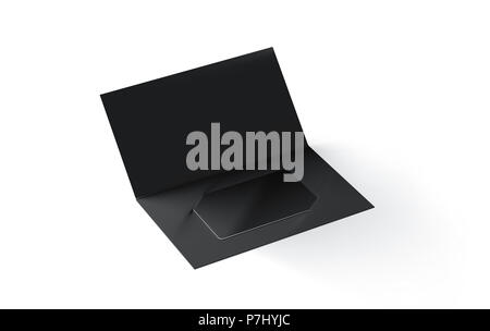 Blank black plastic card mockup inside paper booklet holder isolated, 3d rendering. Clear loyalty program folded brochure with certificate mock up. Cu Stock Photo