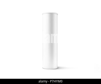 Blank white cardboard cylinder box mockup with plastic lid, 3d rendering. Clear cyllindrical tube container with cap mock up. Snack or bottle carton p Stock Photo