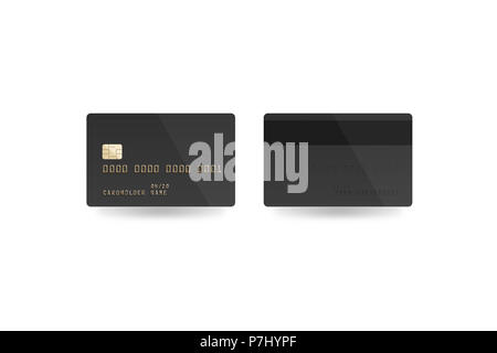 Blank black credit card mockup isolated, clipping path, front and back side, 3d illustration. Empty plastic card mock up. Clear surface gray bank card with electronic chip. Debit card design template. Stock Photo