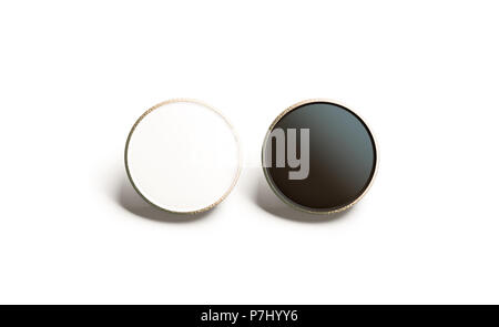 Blank black and white round gold lapel badge mock up, front view, 3d rendering. Empty luxury hard enamel pin mockup. Golden clasp-pin design template. Expensive square brooch for logo presentation Stock Photo